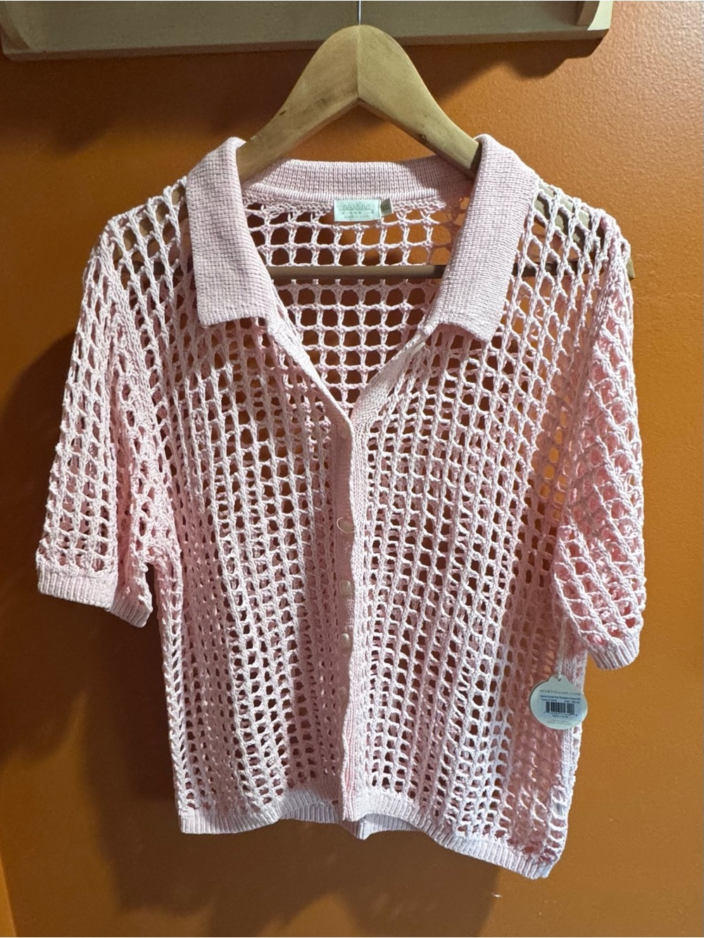 Spartina 449 Pale Pink Open Weave Polo Cardigan